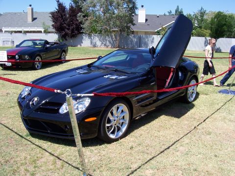 2002 Ford Mustang - A black sports car with distinctive butterfly doors is displayed on a grassy field, with another car visible in the background.