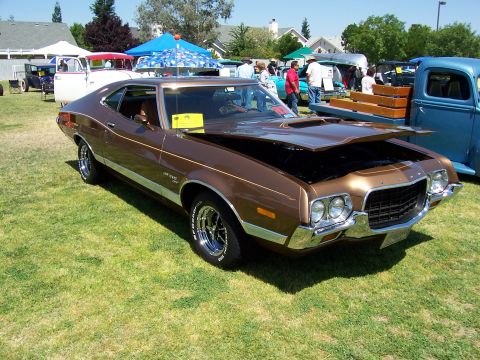 2002 Ford Mustang - Brown 1972 Ford Gran Torino Sport coupe with chrome trim and a scoop on the hood.
