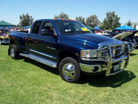 2002 Ford Mustang - This blue dually pickup truck features a prominent chrome grille guard and dual rear wheels.