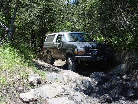1994 Ford Bronco - This 1994 Ford Bronco navigates a challenging off-road path through a wooded area.