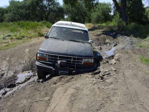 1994 Ford Bronco - This 1995 Ford Explorer is stuck deep in the mud on a dirt path, with trees and brush in the background.