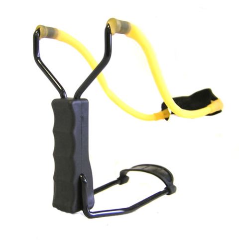 1991 Ford Bronco - A close-up view of a slingshot with black handle and frame, and yellow elastic bands.