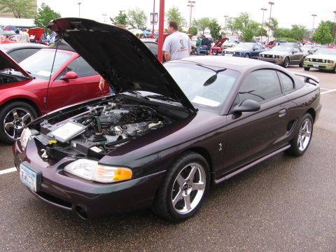 1989 Ford Mustang - A dark purple Ford Mustang is displayed with its hood open, revealing the engine compartment.