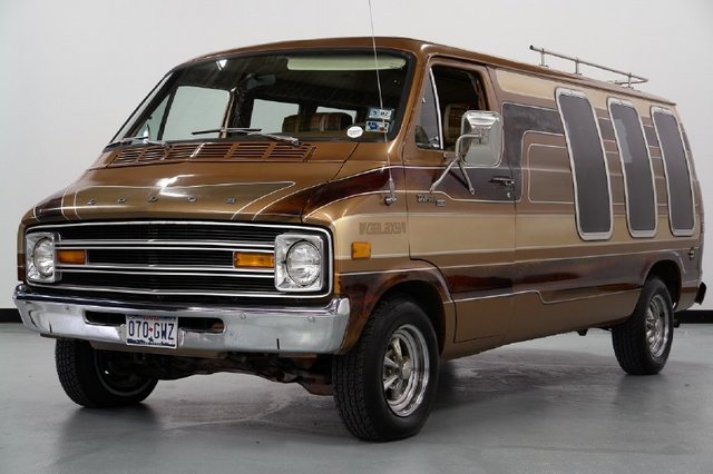 Brown Dodge van with custom stripes and windows. License plate reads 070-GWZ