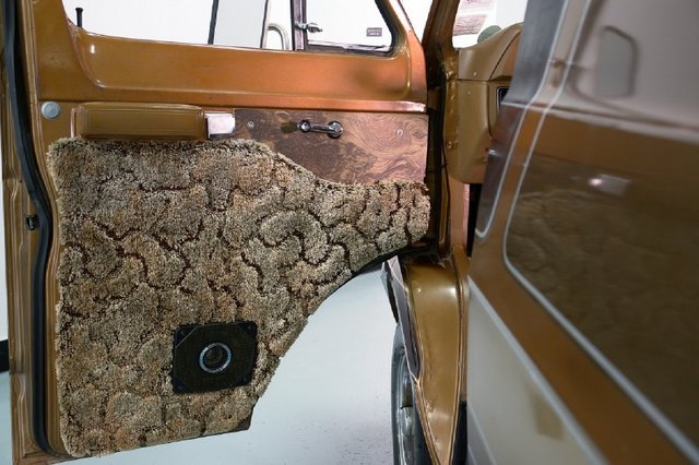 Brown van interior door panel with shag carpet and a speaker, viewed from the side