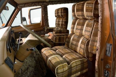 1978 Ford E250 - Custom plaid interior of a van, likely from the late 1970s or early 1980s.