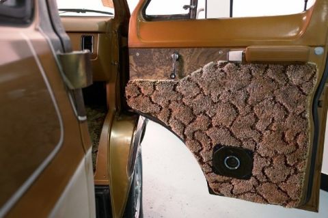 1978 Ford E250 - The interior of a van shows a unique door panel design with textured carpeting and a speaker grille.