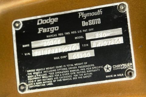 1978 Ford E250 - This vehicle identification plate lists make, model, VIN, and weight information for a Dodge vehicle.