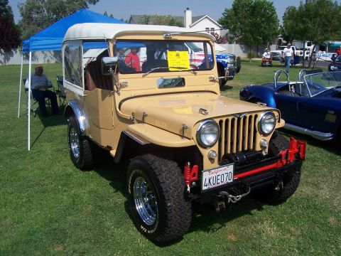 2002 Ford Mustang - Tan Jeep CJ-5 with a white soft top and chrome wheels, parked on grass next to a blue convertible.