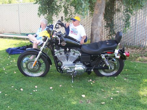 2002 Ford Mustang - A black Harley-Davidson motorcycle is parked on the grass, with two people seated in chairs nearby under a tree.