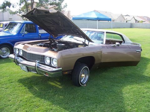 2002 Ford Mustang - A brown 1974 Chevrolet Caprice is displayed with its hood and door open, alongside a blue pickup truck.