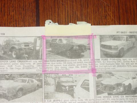 1994 Ford Bronco - Newspaper ad for a 1994 Ford Bronco, listing its features and price.