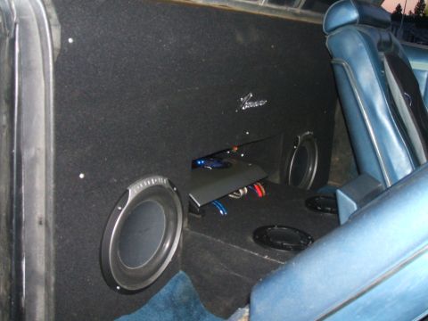 1974 Ford Ranchero - Custom interior of a 1974 Ford Ranchero, a large subwoofer enclosure and amplifier.