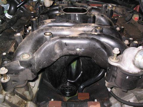 2001 Ford Crown Victoria - Close-up of a black engine intake manifold with a visible Toyota logo.