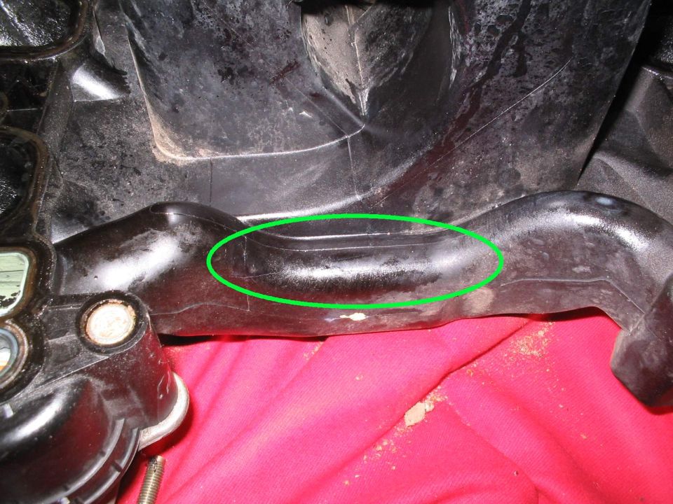 Very small crack. Which is how I drove it home and to work for a few days. Under light throttle or at idle it barely dripped. Under anything more than 25% throttle it GUSHED.