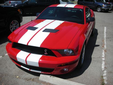 1998 Ford Crown Victoria - A red 2007 Ford Mustang Shelby GT500 with white racing stripes is parked in a lot.