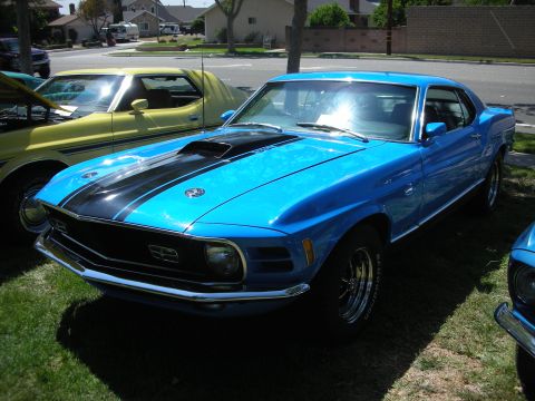 1998 Ford Crown Victoria - A blue 1970 Ford Mustang is parked on grass next to a yellow car.