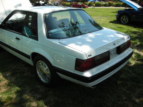 1998 Ford Crown Victoria - White Ford Mustang coupe parked on grass with hood open, another Mustang in background.