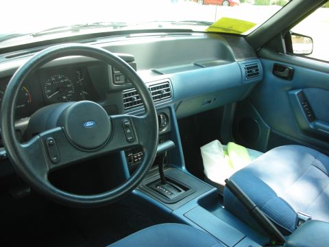 1998 Ford Crown Victoria - The interior of a blue Ford Mustang, a Ford-branded steering wheel and a clean dashboard.