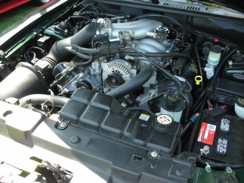 1998 Ford Crown Victoria - Close-up view of a Ford Mustang's V8 engine, including the intake manifold, alternator, and battery.
