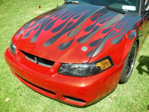 1998 Ford Crown Victoria - Front view of a red Ford Mustang with custom flame graphics on the hood.