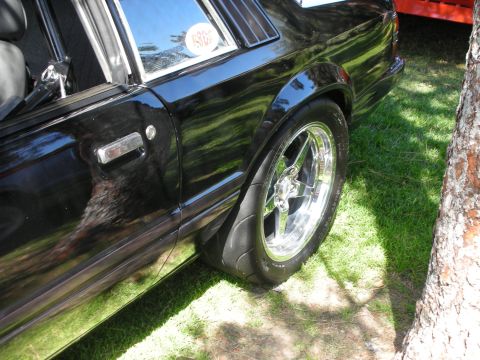1998 Ford Crown Victoria - A black coupe is seen from the side, louvers on the rear window and a sticker indicating the year 1986.