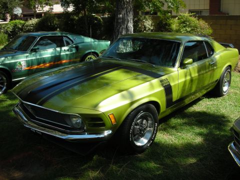 1998 Ford Crown Victoria - Two green Ford Mustangs, one a 1970 Boss 302, are parked on a grassy lawn.