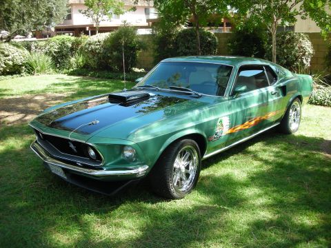 1998 Ford Crown Victoria - A green 1969 Ford Mustang Mach 1 with custom flame decals sits on a grassy lawn in front of a house.