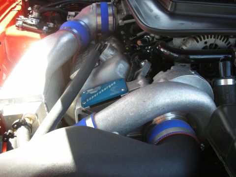 1998 Ford Crown Victoria - Close-up of a supercharged engine bay with custom piping and a blue plaque.