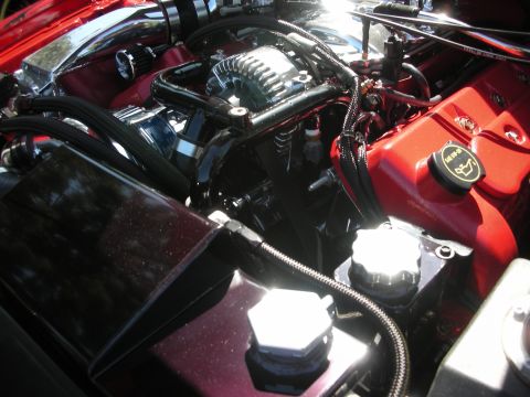 1998 Ford Crown Victoria - Close-up view of a modified engine bay, polished components and vibrant red accents.