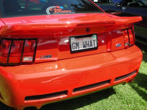 1998 Ford Crown Victoria - Rear view of a red Ford Mustang with a custom license plate and a "281" badge.