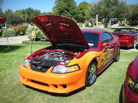 1998 Ford Crown Victoria - A customized Ford Mustang with flame decals and its hood open is displayed on a grassy field.