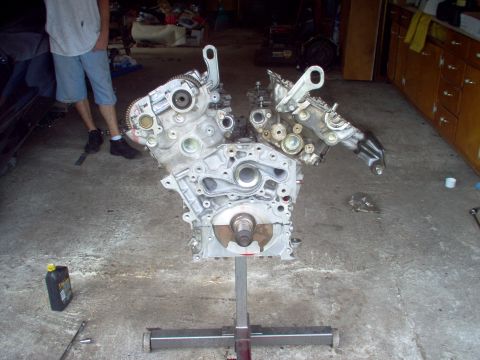 1996 Ford Probe - Engine assembly displayed on a stand, showing its V-configuration and internal timing mechanisms.