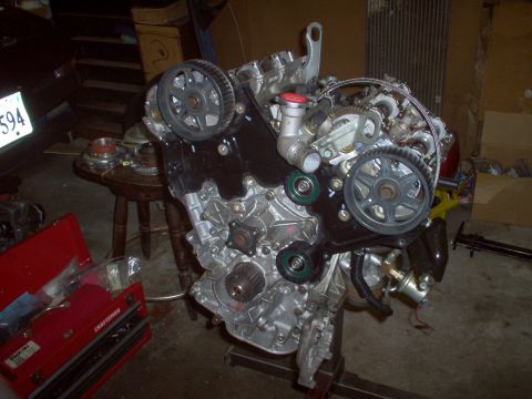 1996 Ford Probe - Engine assembly on a stand, showing timing belt components and gears. A red toolbox is nearby.