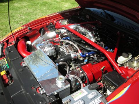 1998 Ford Crown Victoria - The engine bay of a red car, a polished supercharger and intake system, with a red strut tower brace.