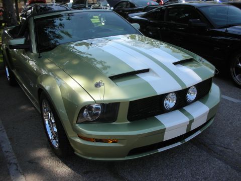 1998 Ford Crown Victoria - A light green convertible Mustang with white racing stripes is parked outdoors, with another car visible to its right.