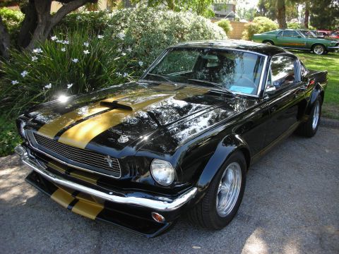 1998 Ford Crown Victoria - A black 1965 Ford Mustang with gold racing stripes is parked outdoors, with another green car visible in the background.