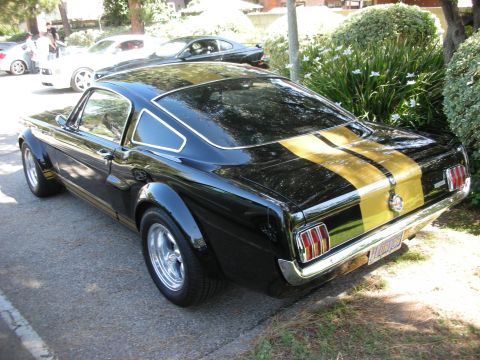 1998 Ford Crown Victoria - A black 1965 Ford Mustang Shelby GT350 with gold racing stripes is parked outdoors, with other vehicles visible in the background.