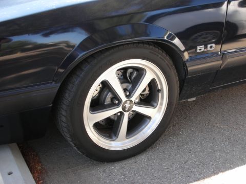 1998 Ford Crown Victoria - Close-up of a black car's fender and wheel, a prominent 5.0 badge.