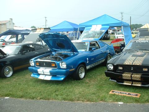 1978 Ford Mustang II - Two Ford Mustang II Cobras are displayed at an outdoor event with their hoods open.