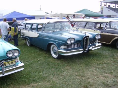 1970 Ford Ranchero - 1958 Edsel Bermuda station wagon at an outdoor car show.