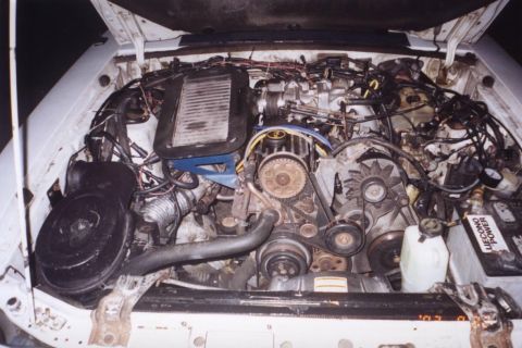 1992 Ford Mustang - The complex network of hoses and wires within the engine bay of a vehicle is shown.