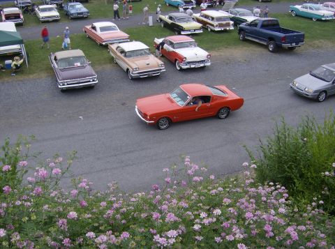 1970 Ford Ranchero - Orange 1965 Ford Mustang fastback at a car show with other vehicles present.