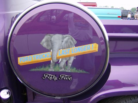 1970 Ford Ranchero - A spare tire cover features an elephant graphic with the slogan "Ford Trucks Last Longer!" and "Fifty Five" text.
