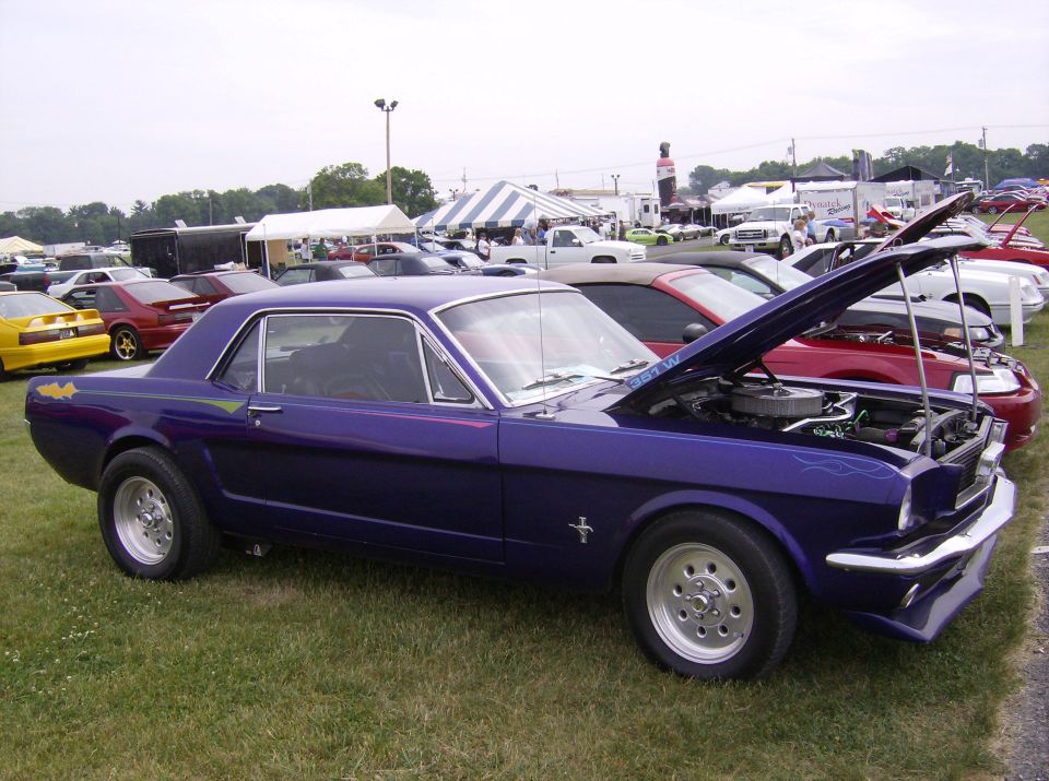 Purple 1965 Mustang coupe, hood open, parked on grass at car show