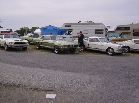 1970 Ford Ranchero - A collection of vintage Ford Mustangs are displayed outdoors, with RVs and tents in the background.