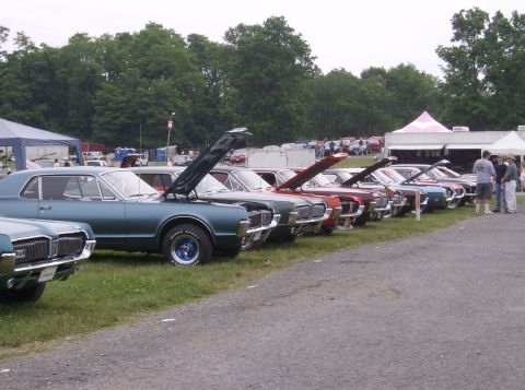 1970 Ford Ranchero - Several classic cars are lined up on a grassy area with their hoods open, under a cloudy sky.