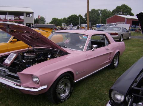 1970 Ford Ranchero - A pink 1967 Ford Mustang is displayed with its hood open at a car show, with other vehicles visible in the background.
