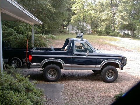 1980 Ford Bronco - A dark blue and silver 1980 Ford Bronco with a suspension lift is parked next to another vehicle under a carport.