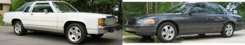 1985 Ford LTD Crown Victoria - Two Ford Crown Victorias are shown, one white and one dark gray, from their front quarter angles.